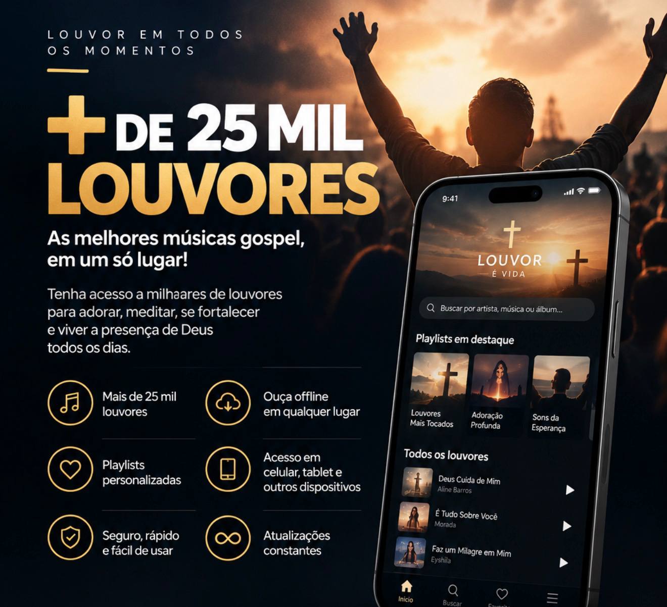 Divulgação do acervo: mais de 25 mil louvores, aplicativo aberto no celular e pessoa em adoração ao pôr do sol